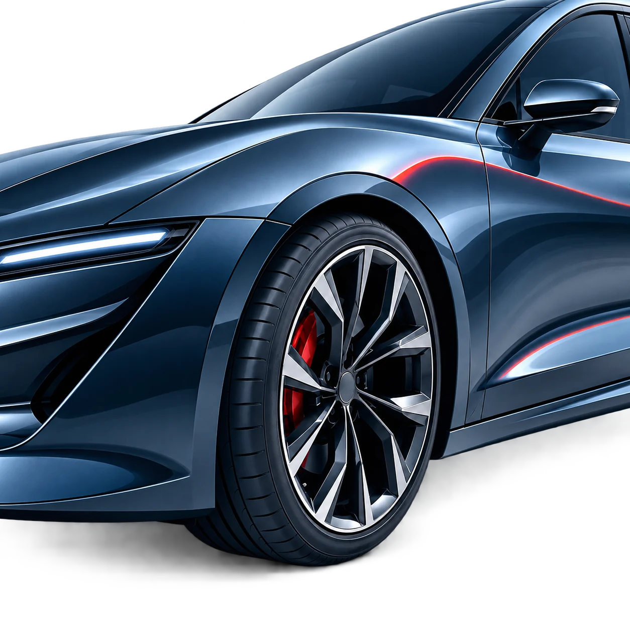 Ilustração editorial de um automóvel azul grafite com um detalhe vermelho na carroceria